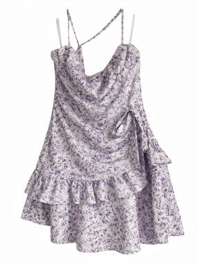 Lavender Floral Cowl Neck Ruffle Mini Dress